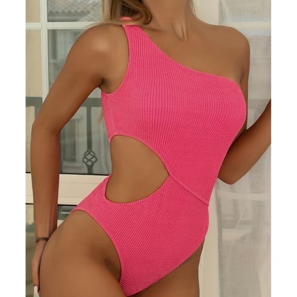 One Shoulder Rib Knit Cut Out Swimsuit, High Stretch One Piece Bathing Suit - Picture 2 of 9